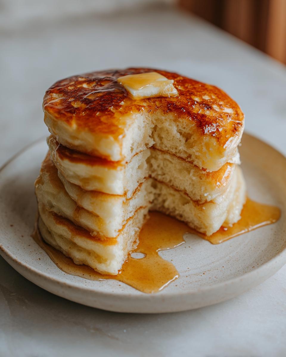A tall stack of fluffy buttermilk pancakes with a bite taken out, topped with melting butter and drizzled with syrup.