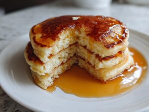 A stack of three fluffy buttermilk pancakes with a bite taken out, drizzled heavily with golden syrup.