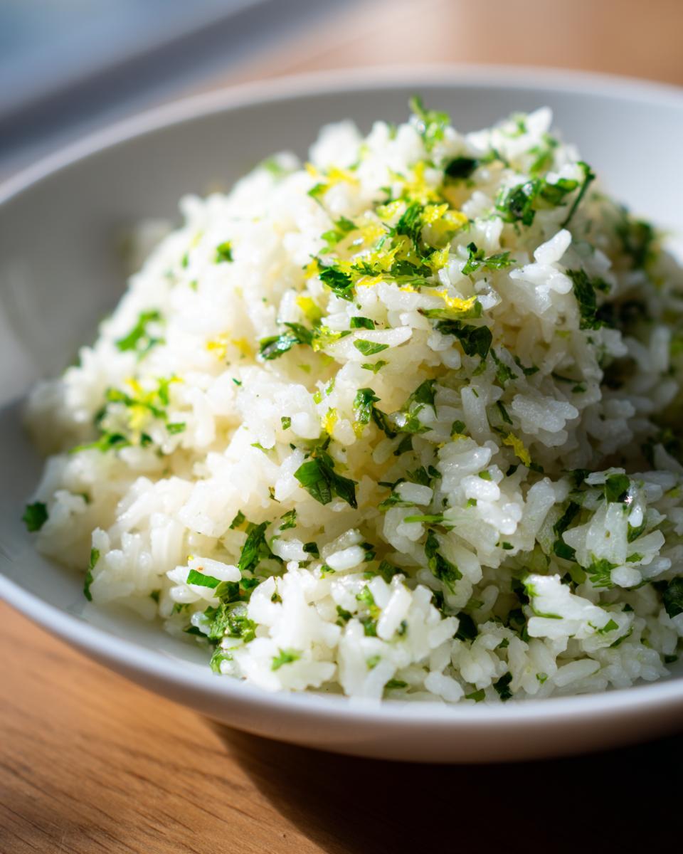 Close-up of fluffy cilantro lime rice topped with fresh cilantro and lime zest in a white bowl.