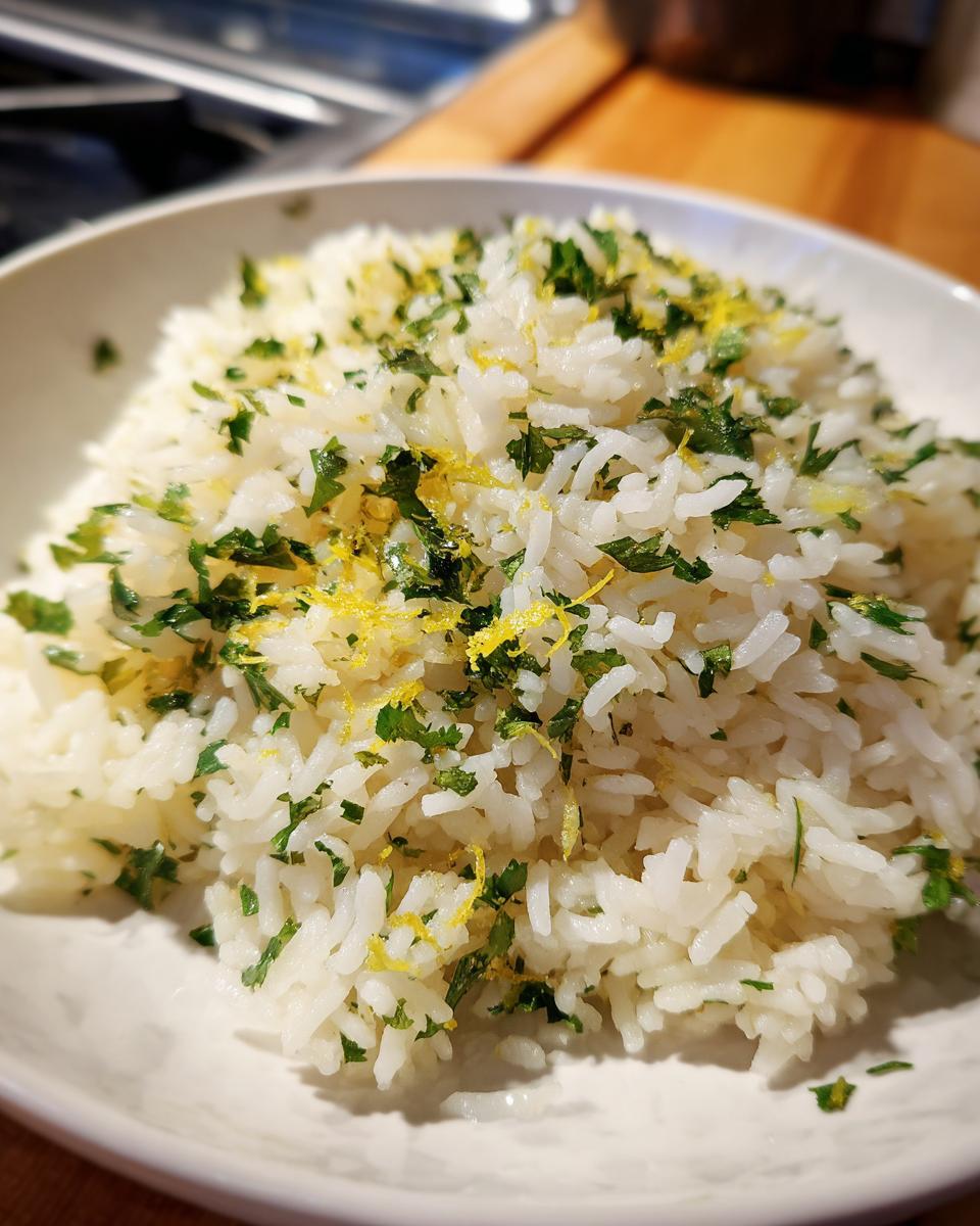 Close-up of fluffy cilantro lime rice topped with fresh chopped cilantro and bright yellow lime zest.