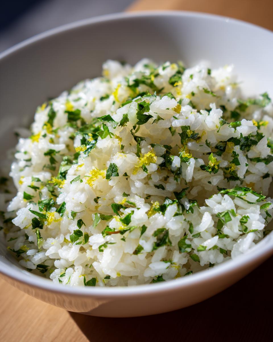 Close-up of fluffy cilantro lime rice mixed with chopped green herbs and bright yellow lime zest in a white bowl.