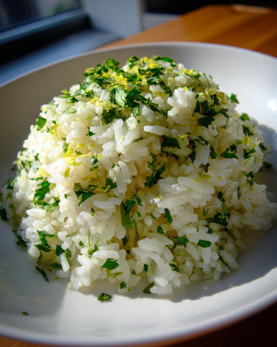 A mound of fluffy cilantro lime rice topped generously with chopped cilantro and lime zest.