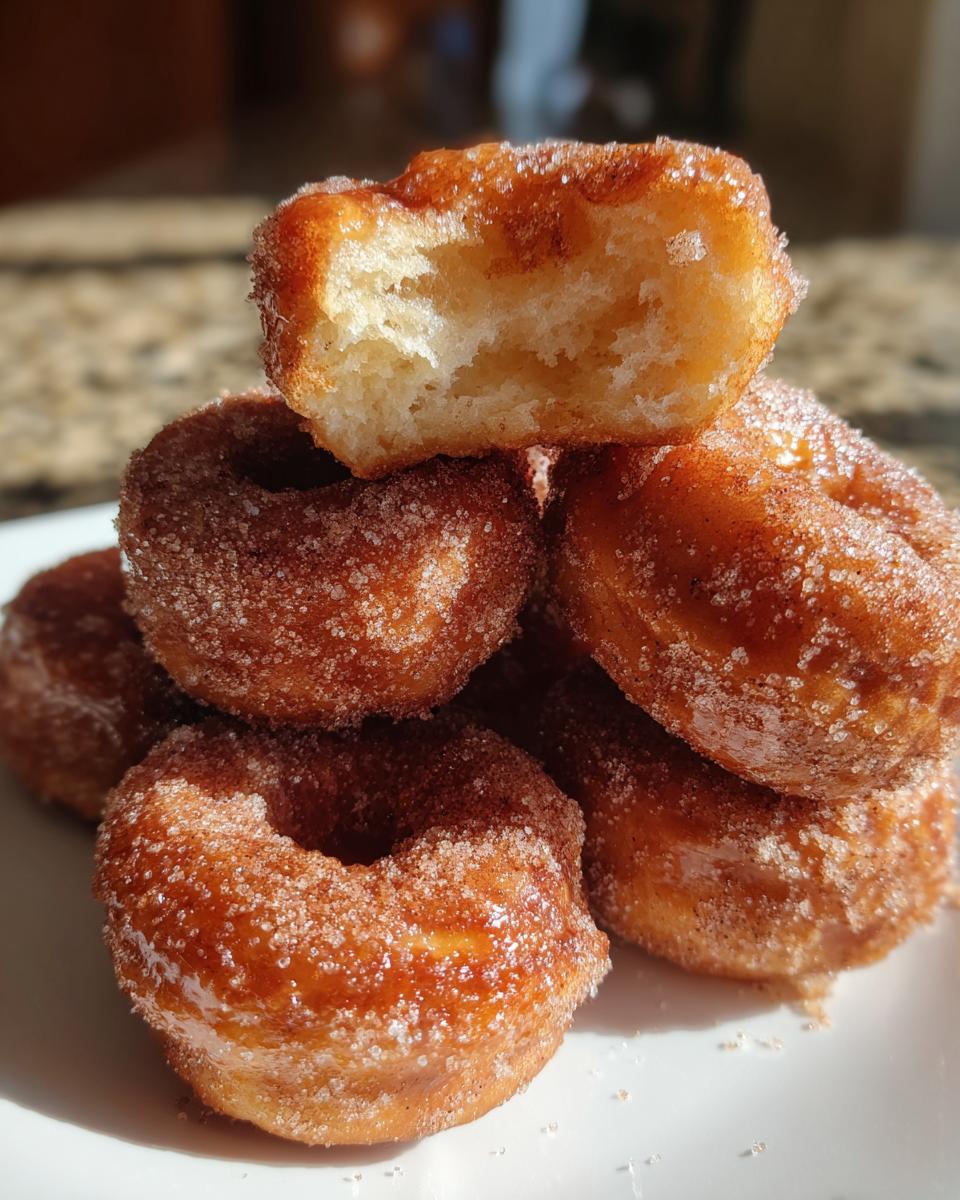 A stack of fluffy, golden brown mini donuts coated in cinnamon sugar, with one broken open showing the soft interior.
