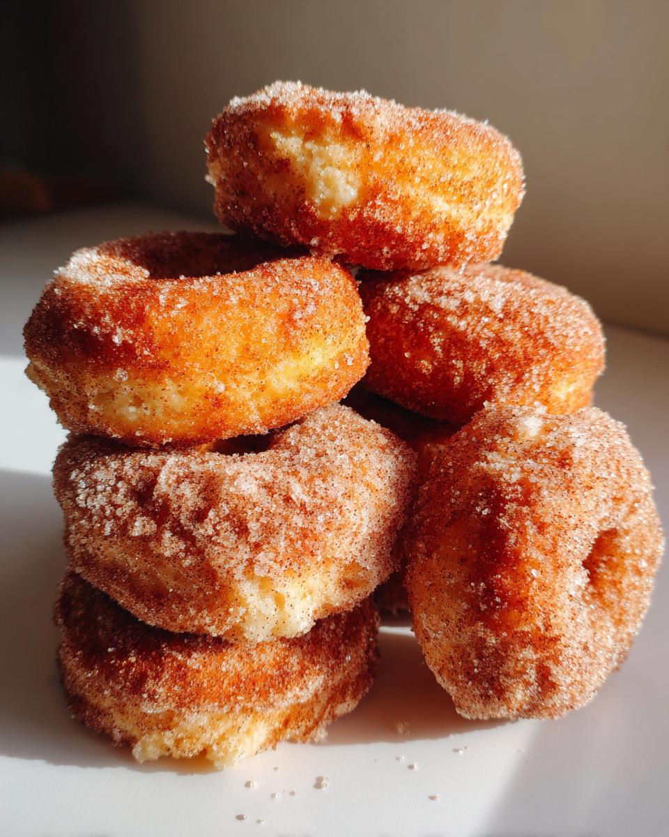 A stack of fluffy, golden-brown mini donuts generously coated in cinnamon sugar.