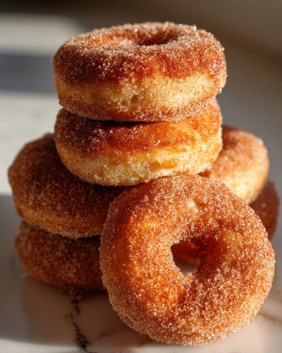 A close-up stack of fluffy, golden mini donuts coated generously in cinnamon sugar.