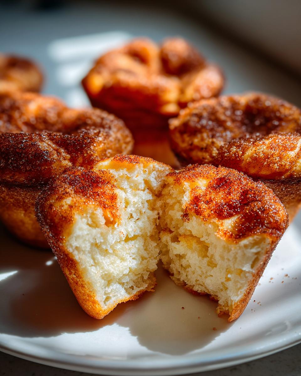 A french toast muffin cut in half showing the fluffy interior, topped with cinnamon sugar.