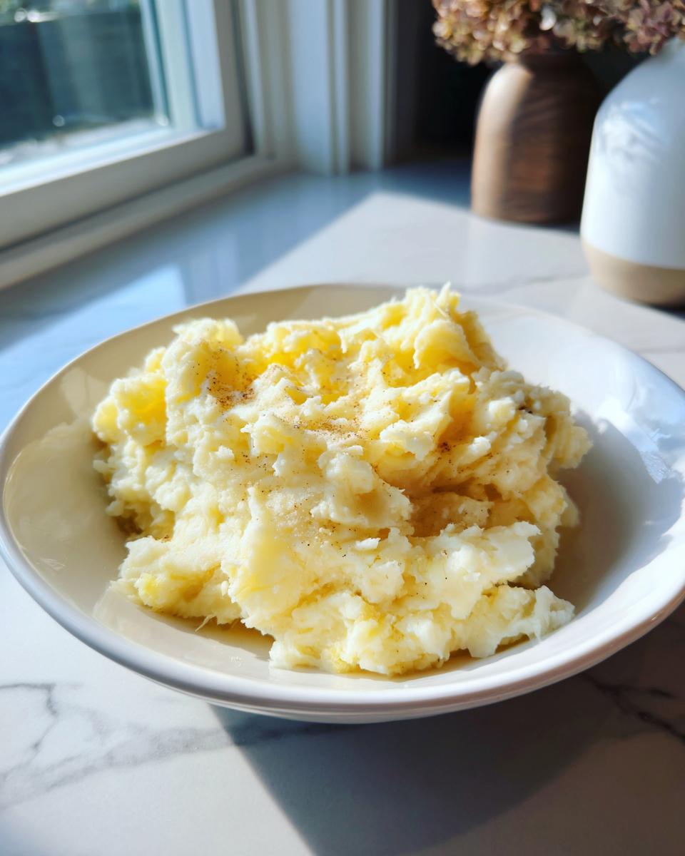 A bowl of fluffy, creamy garlic mashed potatoes seasoned with pepper, sitting on a marble counter near a window.