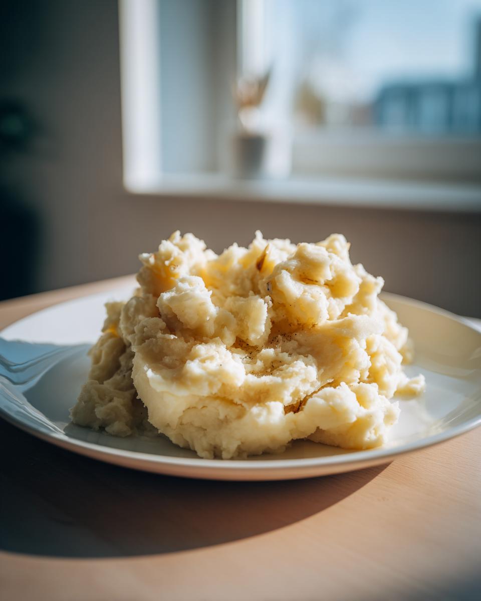 A generous serving of fluffy, creamy garlic mashed potatoes piled high on a white plate, lit by sunlight.