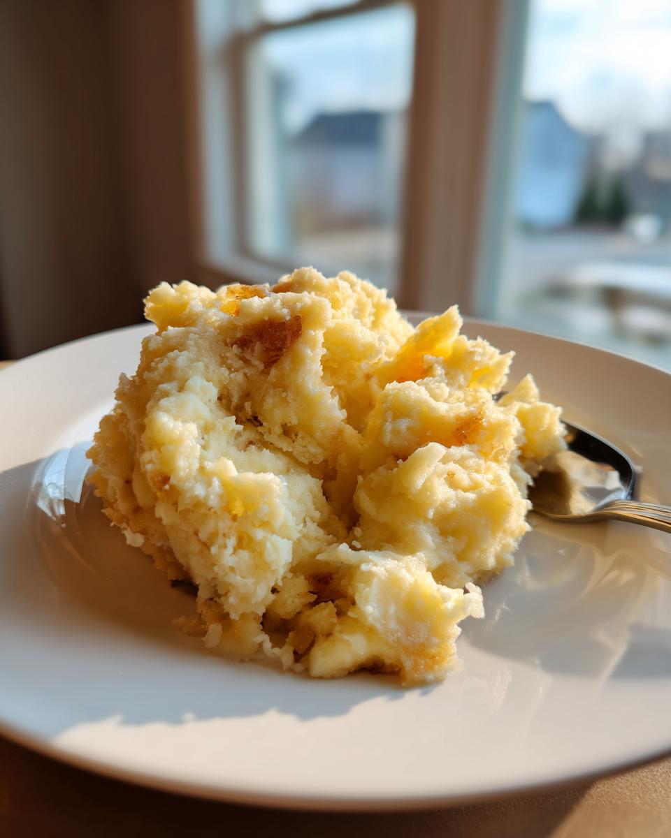 A close-up serving of fluffy, creamy garlic mashed potatoes on a white plate, illuminated by sunlight.