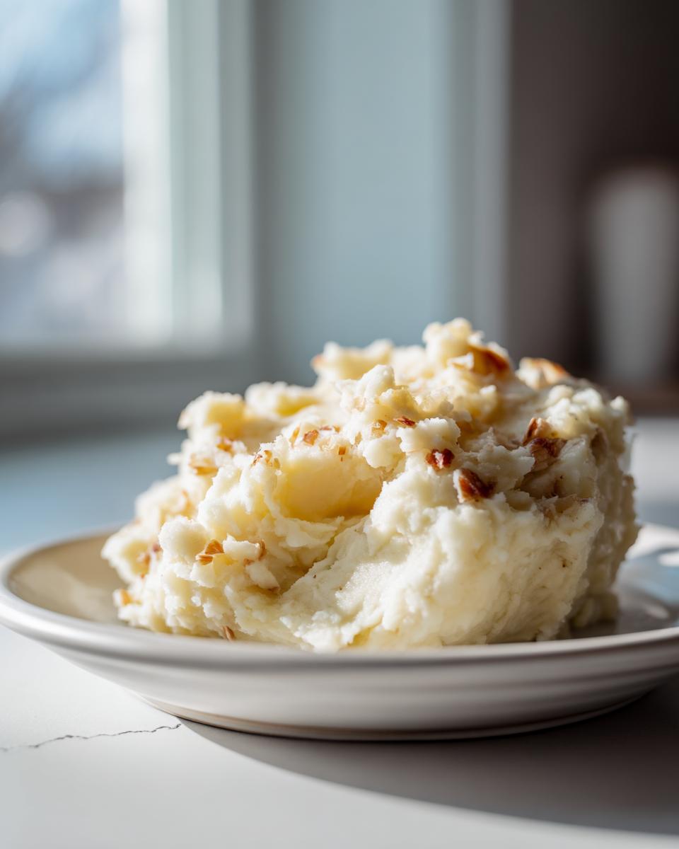 A mound of creamy garlic mashed potatoes topped with small pieces of browned butter or nuts, served on a light plate.