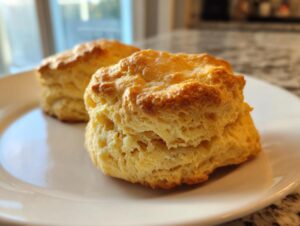 Two perfectly baked, golden brown scones with flaky layers, resting on a white plate.