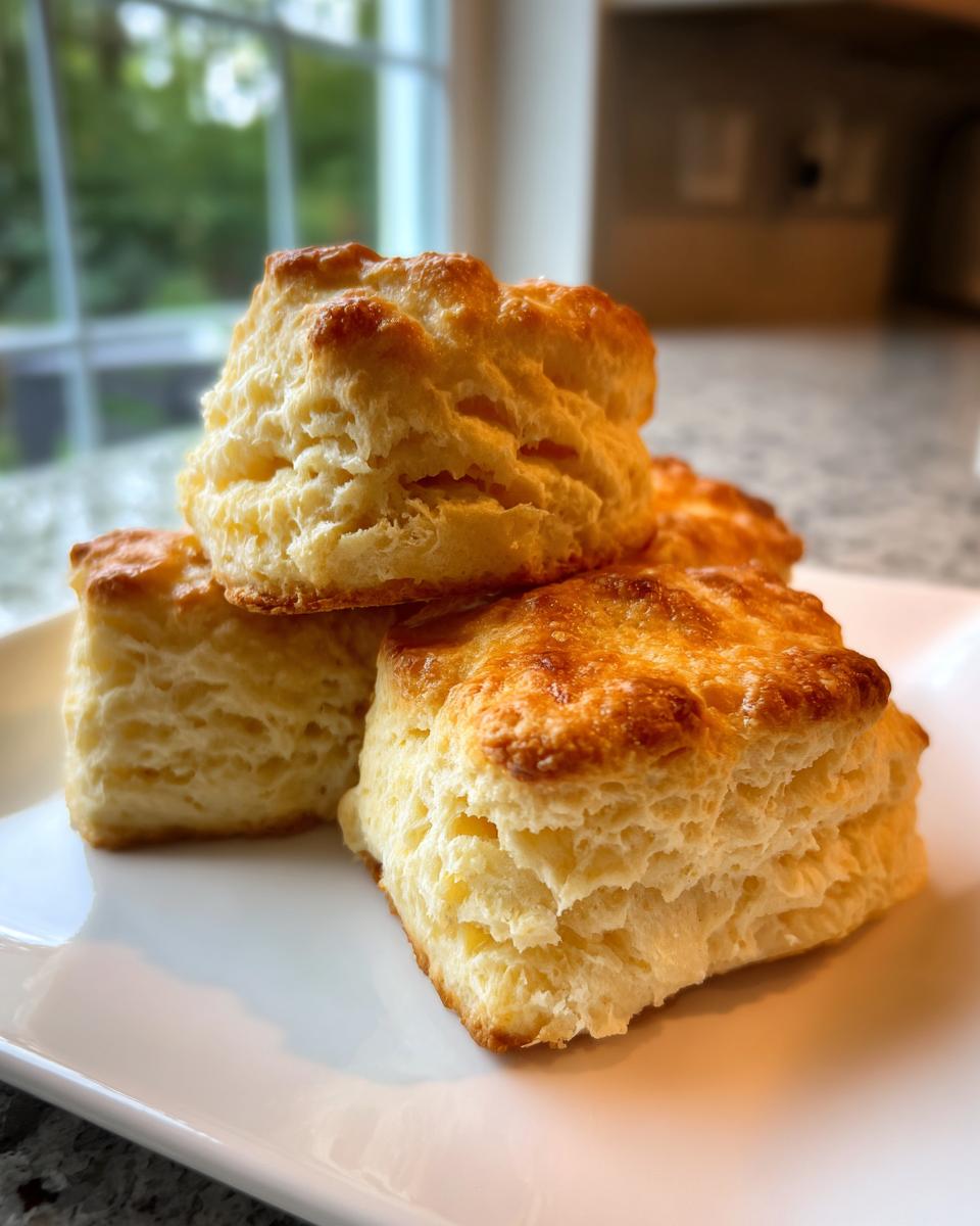 Close-up of three tall, flaky, golden-brown scones stacked on a white plate.