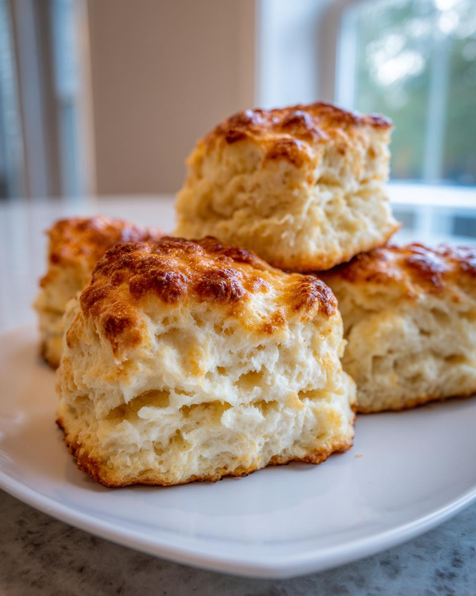 Close-up of four freshly baked, tall buttermilk scones stacked on a white plate.