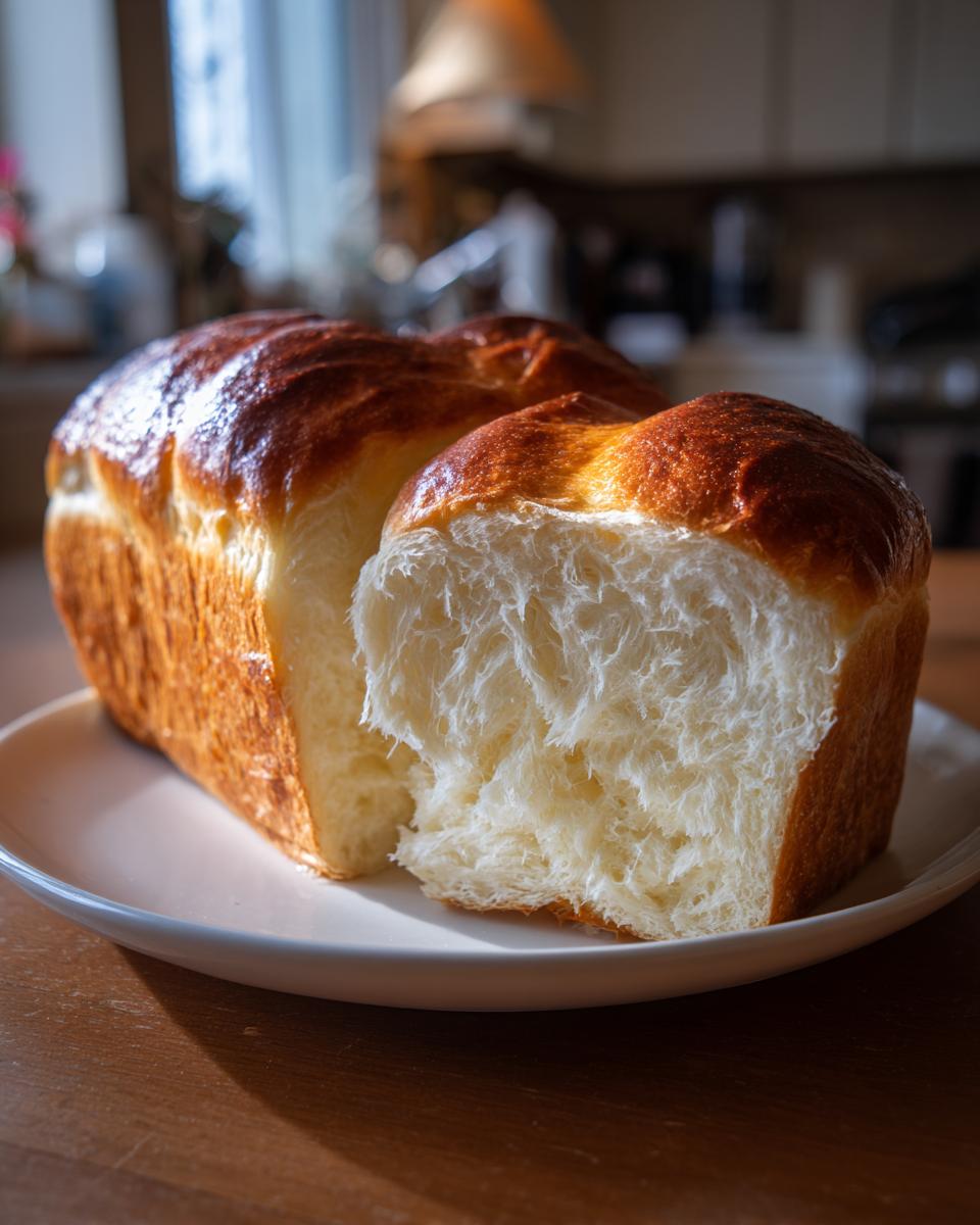 A loaf of golden-brown japanese milk bread, torn open to show the incredibly soft, fluffy white interior crumb.