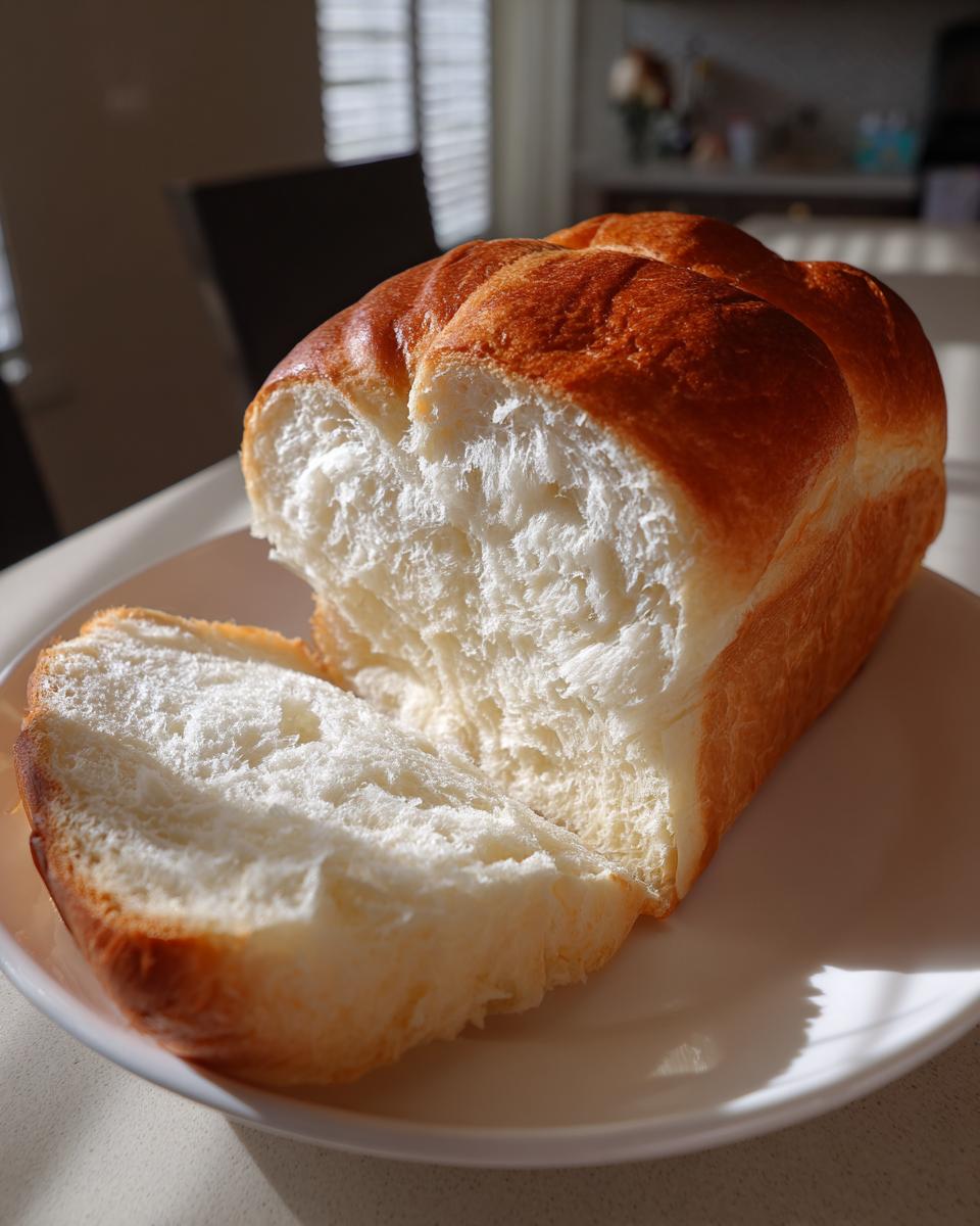 A freshly baked loaf of japanese milk bread, sliced open to show its incredibly soft, white interior.