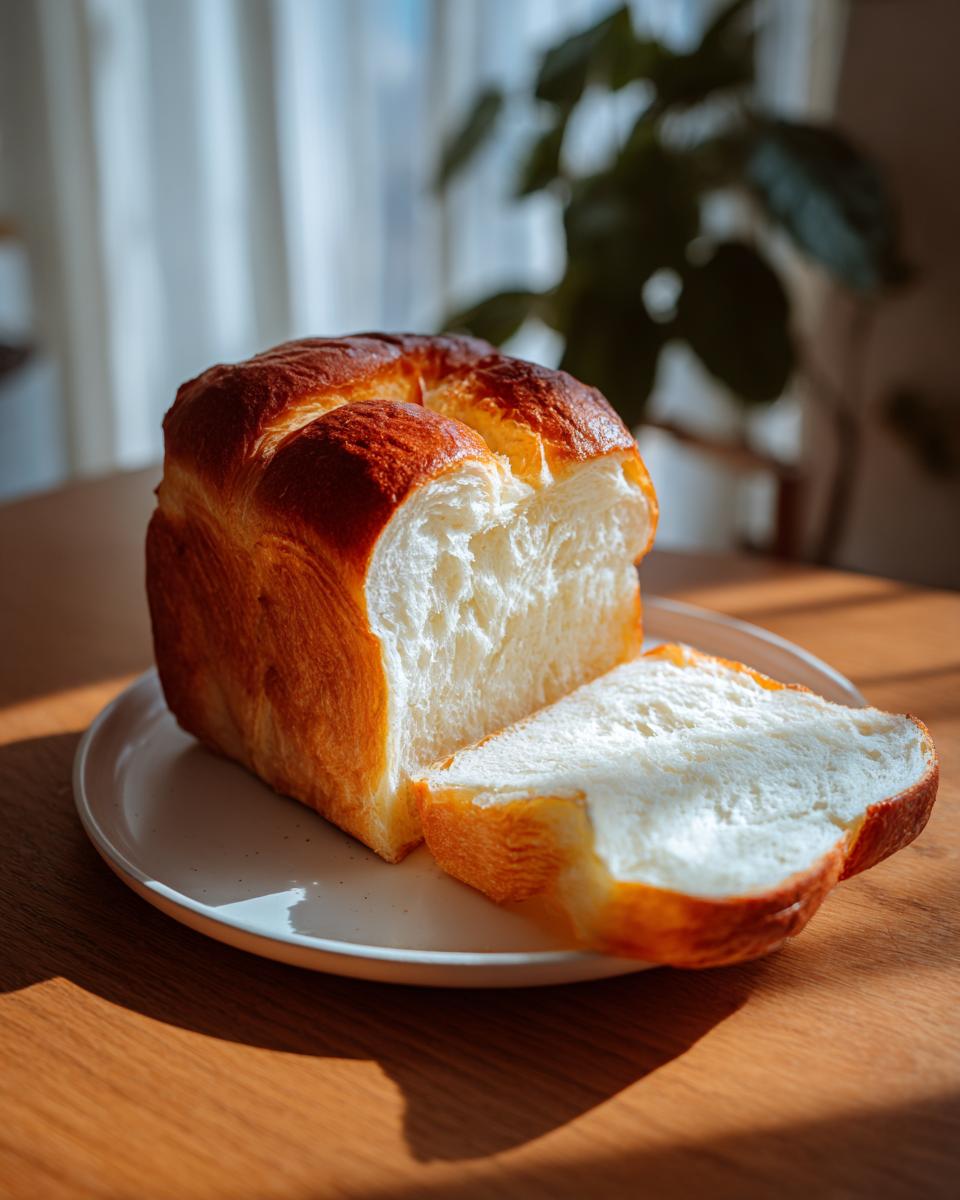 A freshly baked loaf of japanese milk bread, partially sliced, showing its incredibly soft, white interior.