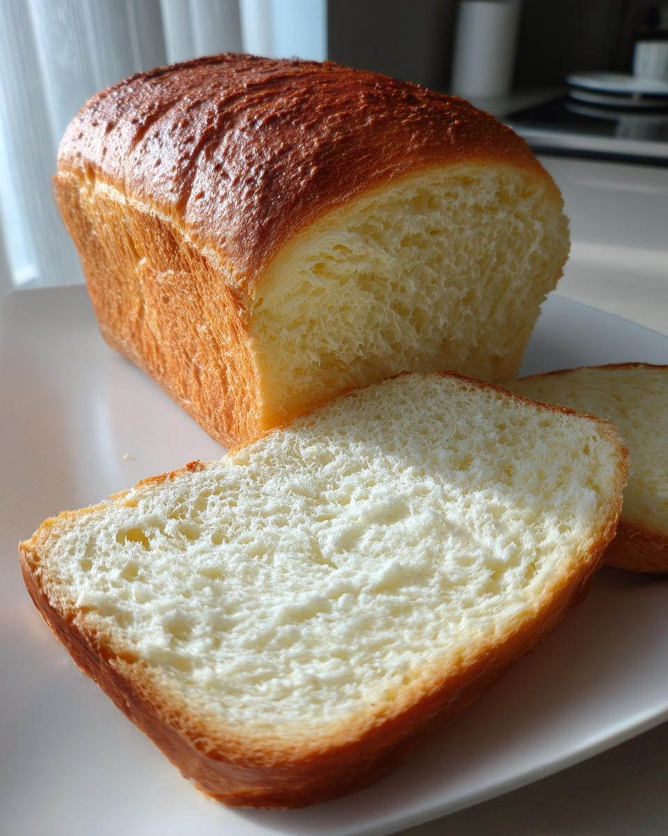 A golden-brown loaf of japanese milk bread sliced on a white plate, showing its soft, fluffy interior.