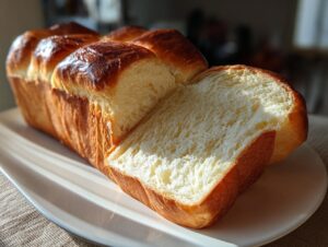 A freshly baked, golden-brown loaf of japanese milk bread with one fluffy slice cut open, resting on a white plate.