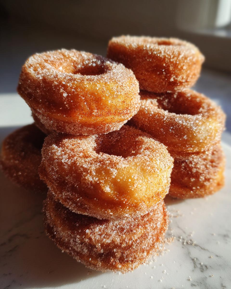 A close-up stack of fluffy, golden brown mini donuts coated heavily in cinnamon sugar.