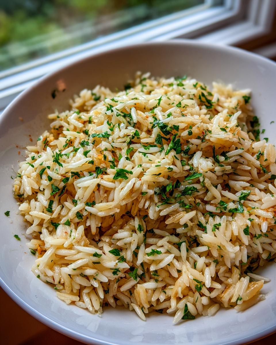 Close-up of a white bowl filled with fluffy rice pilaf recipe grains garnished generously with chopped fresh parsley.