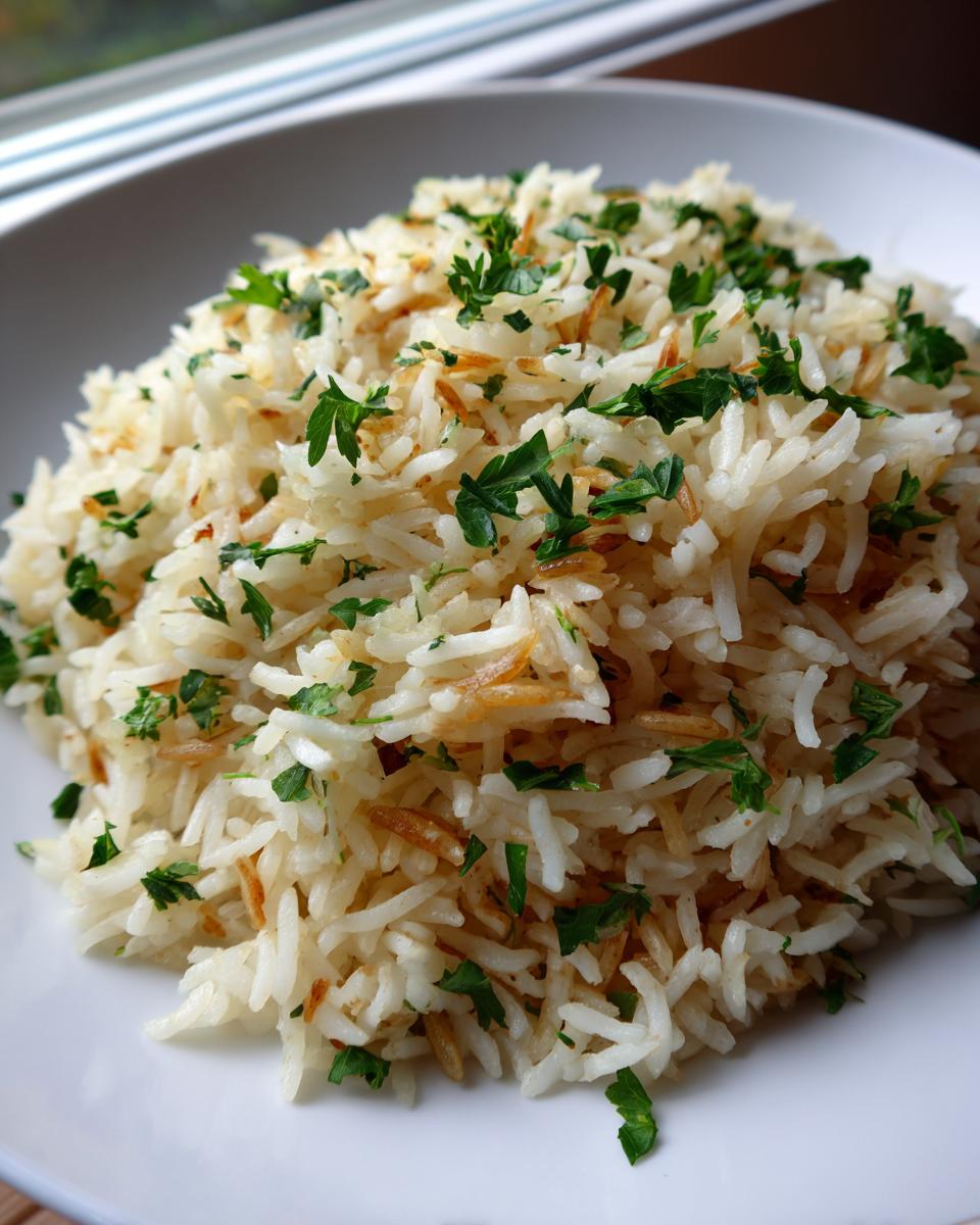 A mound of fluffy, perfectly cooked rice pilaf recipe mixed with toasted vermicelli and topped with fresh chopped parsley.