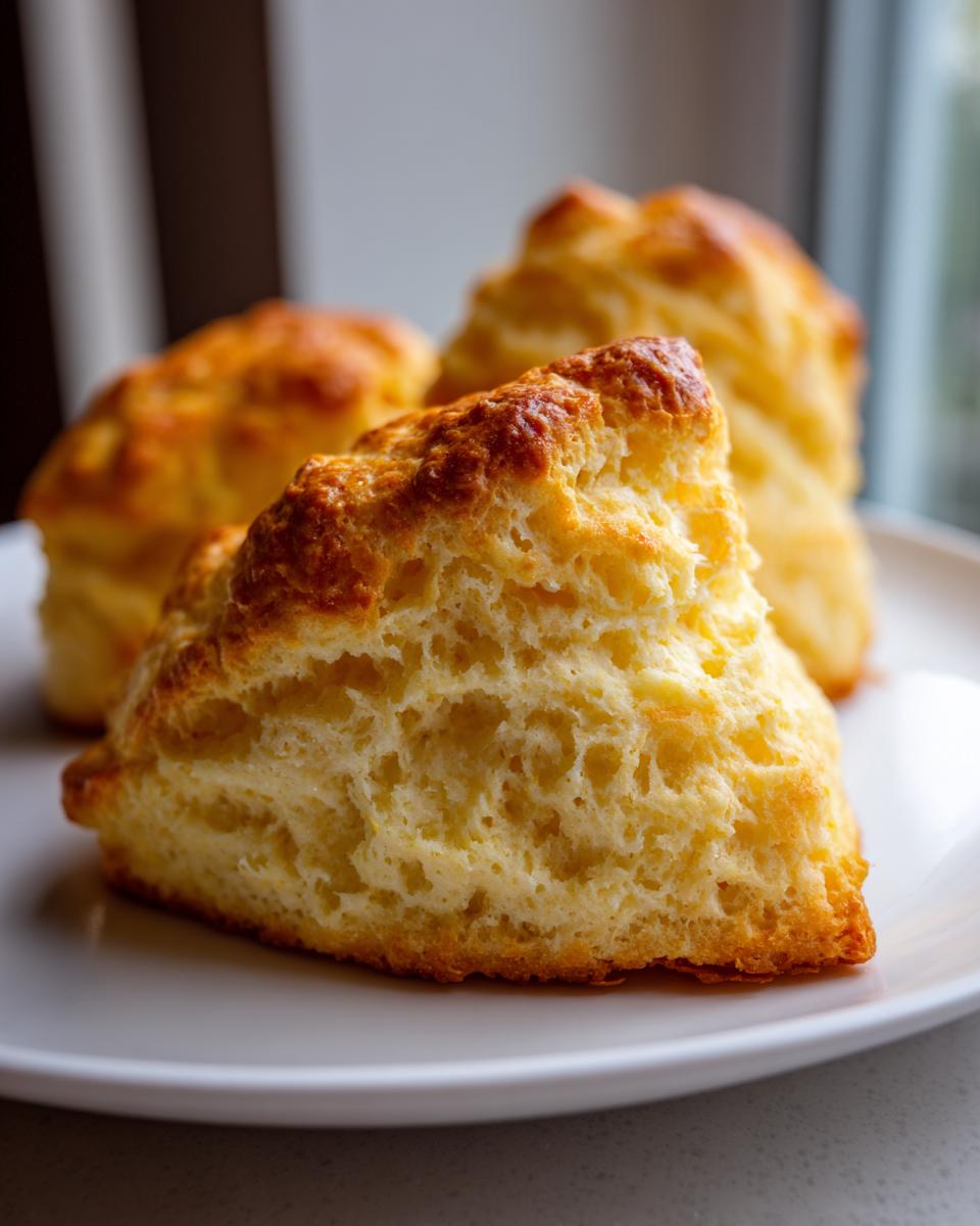 Close-up of a freshly baked scone cut in half, showing its light, airy, and flaky interior texture.