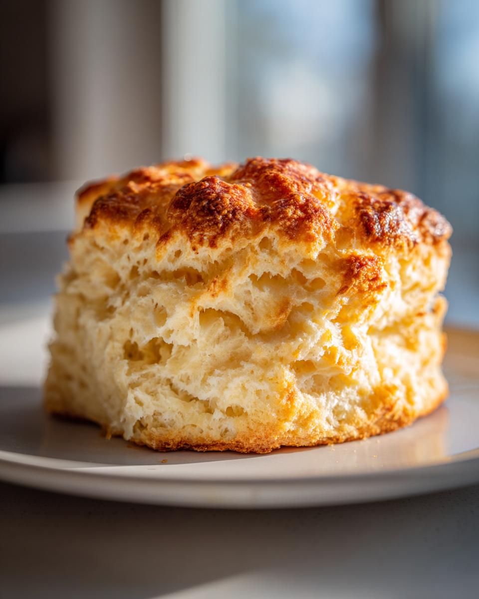 Close-up of a perfectly baked, tall, fluffy scone with a golden-brown, craggy top resting on a light plate.