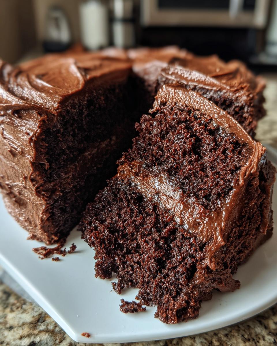 Close-up of a rich, dark chocolate cake with a slice cut out, revealing a moist crumb and thick chocolate frosting.