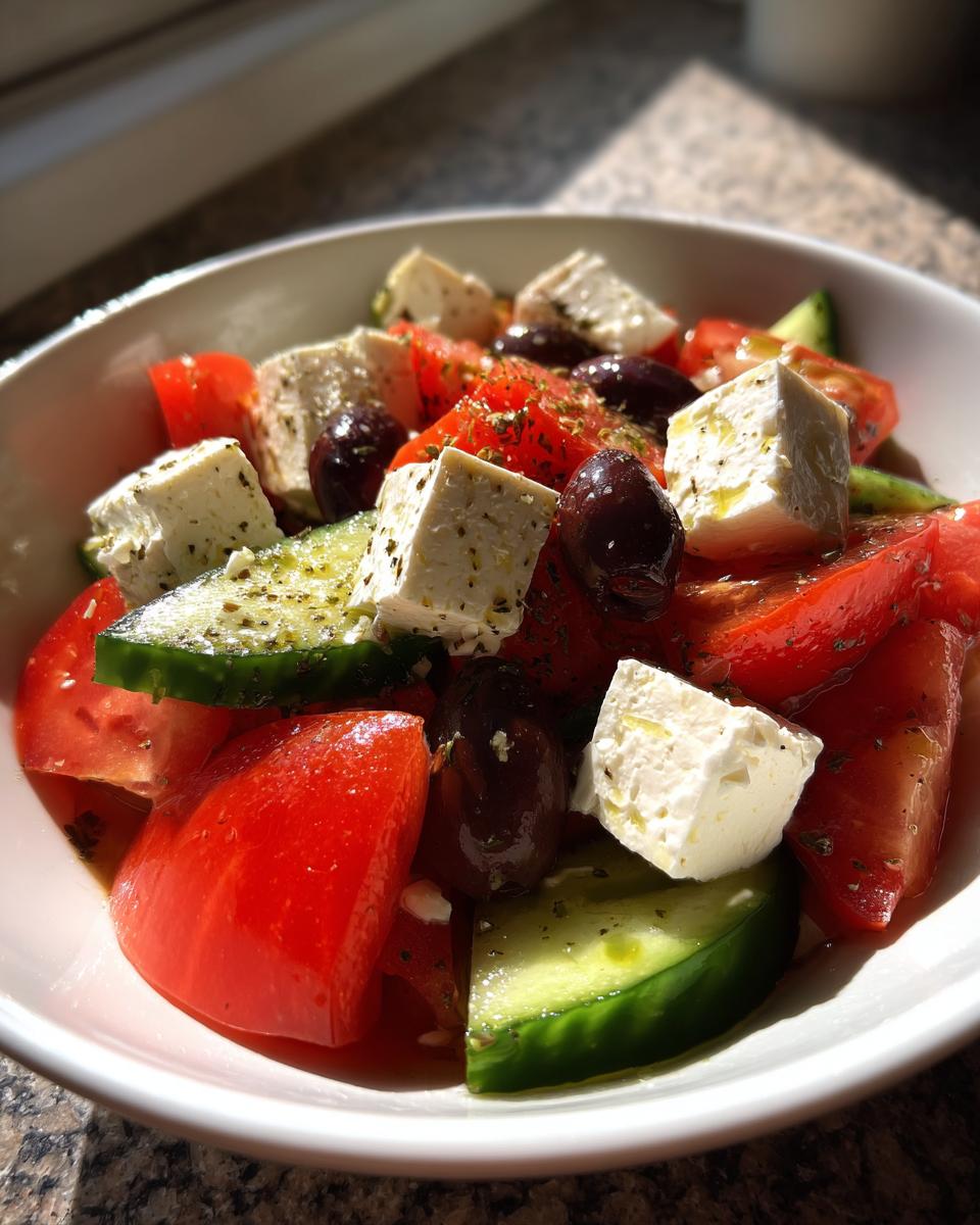Close-up of a vibrant greek salad featuring large chunks of feta, ripe tomatoes, cucumbers, and Kalamata olives.