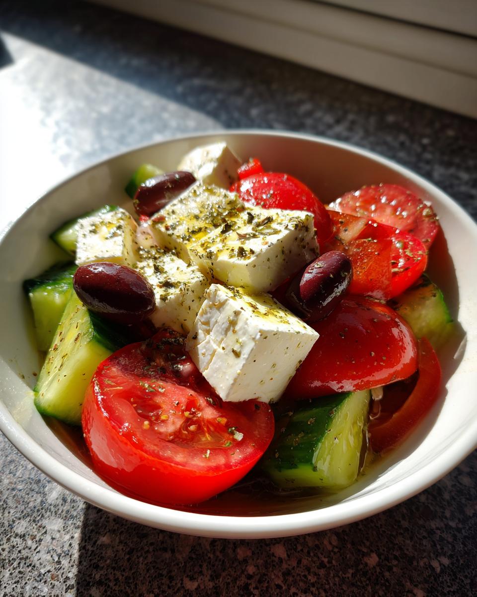 Close-up of a fresh greek salad featuring large chunks of feta cheese, tomatoes, cucumbers, and Kalamata olives drizzled with oil and herbs.