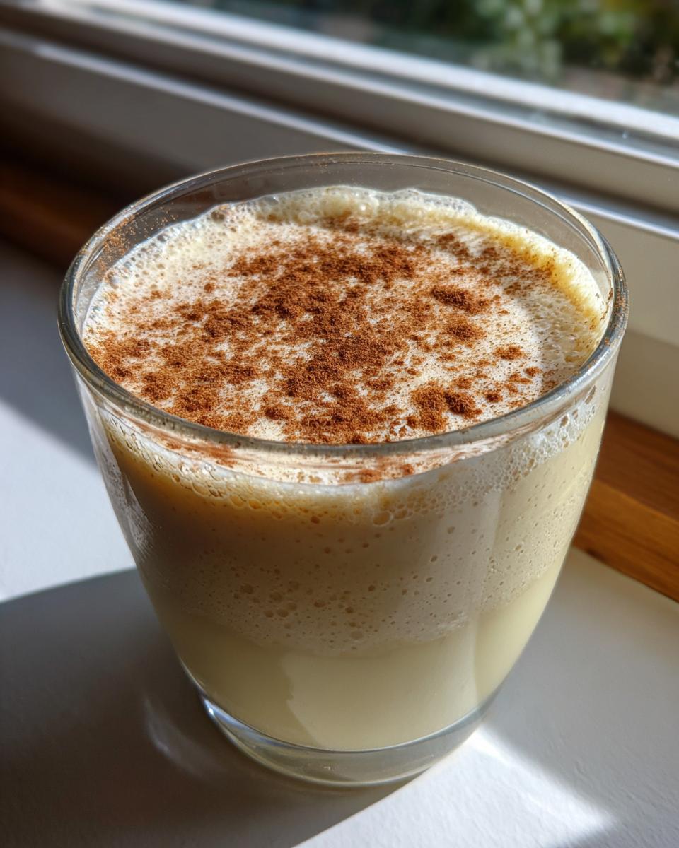 A glass of creamy, frothy coquito recipe topped generously with ground cinnamon.