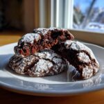 Three fudgy chocolate crinkle cookies dusted heavily with powdered sugar, one broken open.