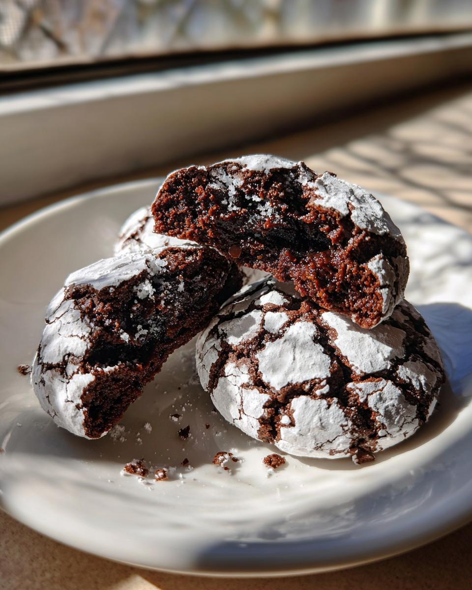 Close-up of fudgy chocolate crinkle cookies, one broken open to show the rich interior.