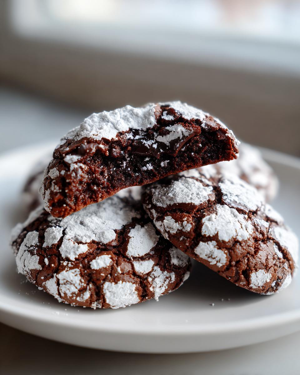 Close-up of fudgy chocolate crinkle cookies dusted heavily with powdered sugar, one cookie is broken open.