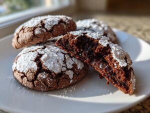 Close-up of fudgy chocolate crinkle cookies dusted with powdered sugar, one cookie is broken open.