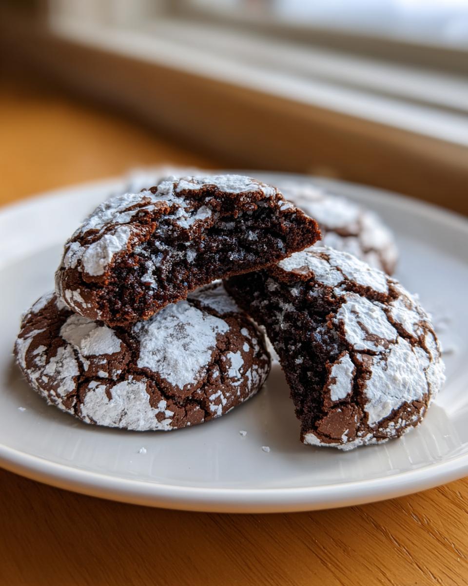 Close-up of fudgy chocolate crinkle cookies dusted heavily with powdered sugar on a white plate.