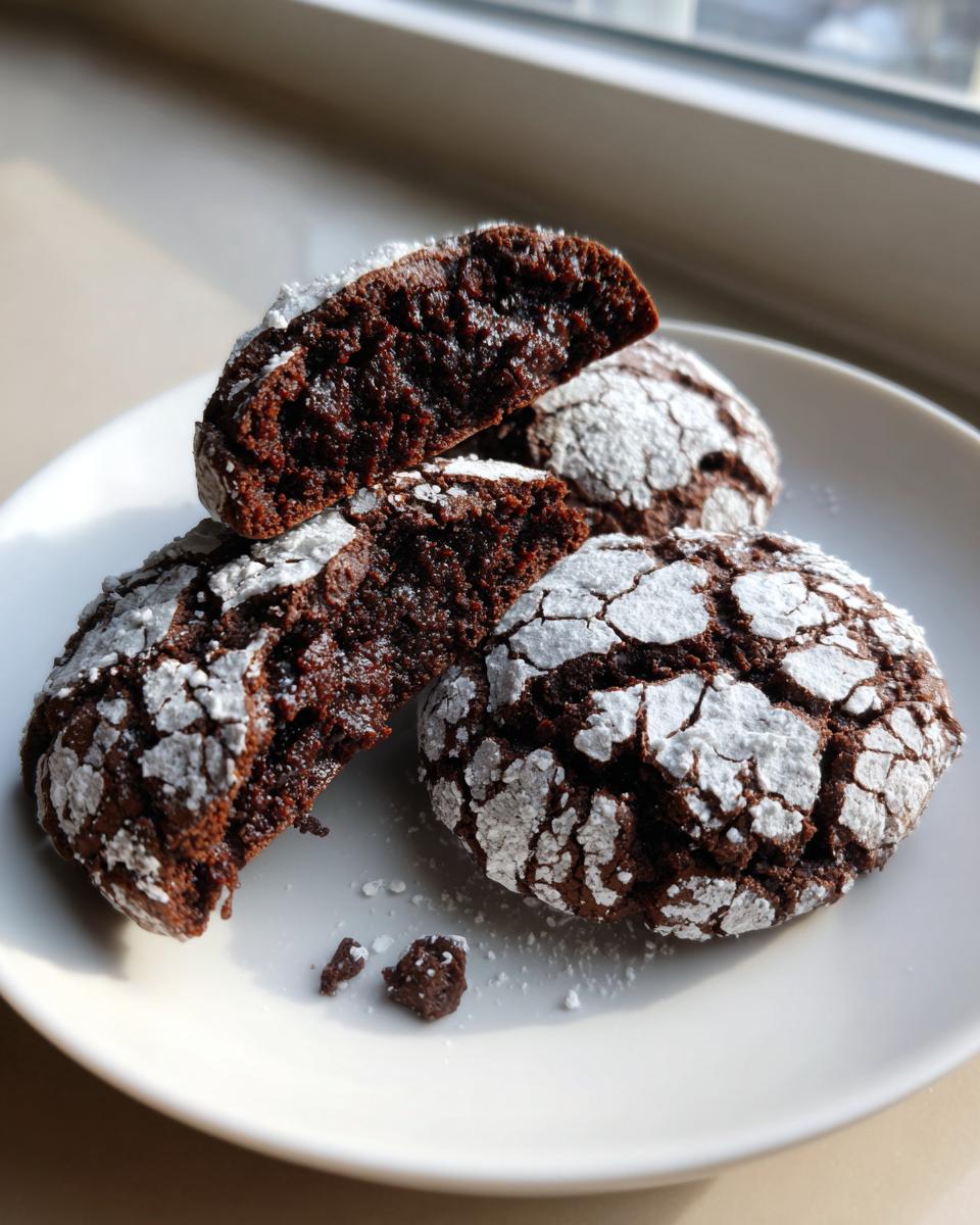 Close-up of fudgy chocolate crinkle cookies, one broken in half showing the dark interior.