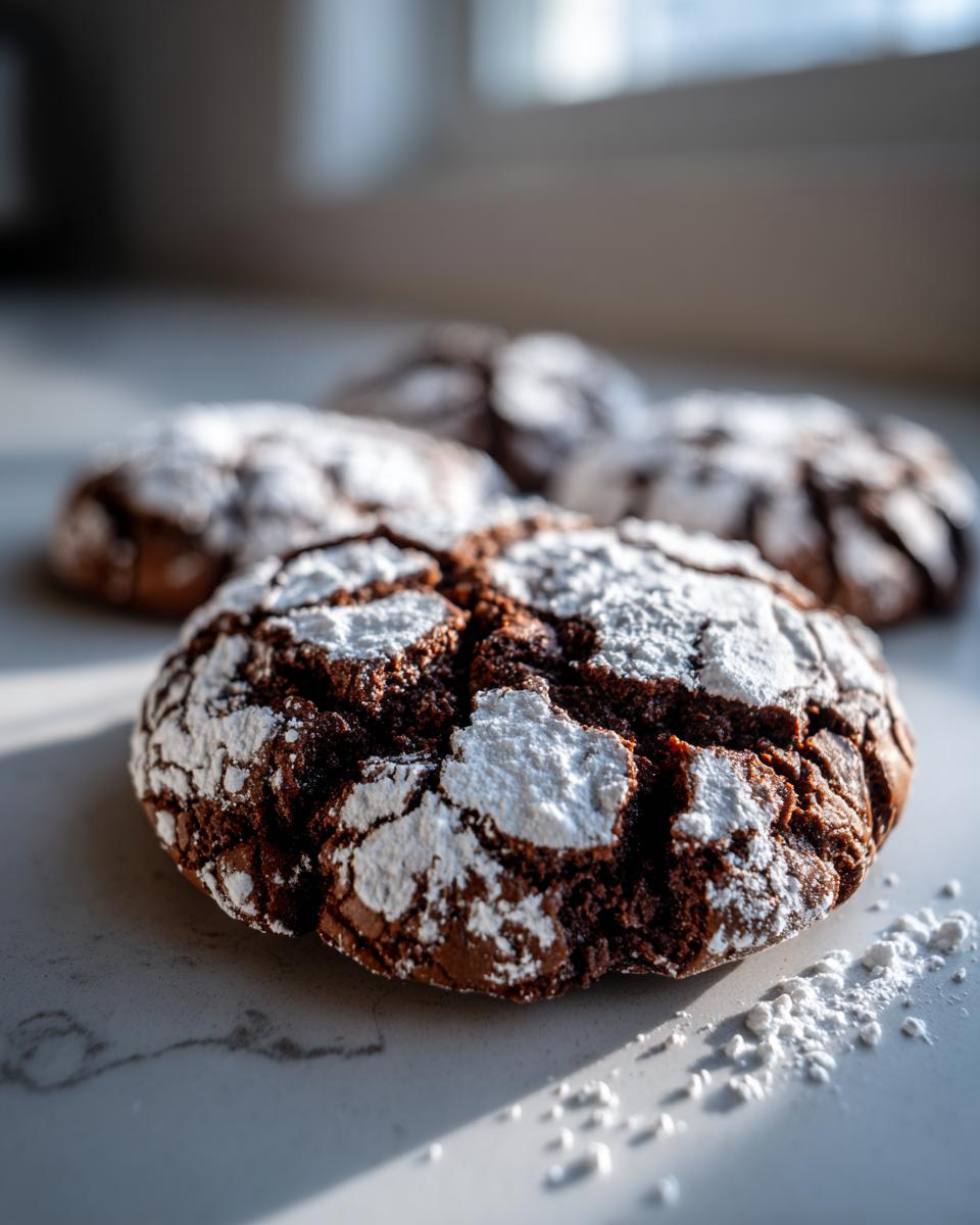 A close-up, dramatically lit photo of a fudgy chocolate crinkle cookie dusted heavily with powdered sugar.