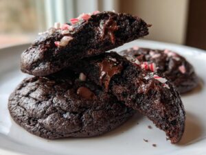 Close-up of fudgy chocolate peppermint cookies, one broken in half showing melted chocolate chips and crushed candy canes.