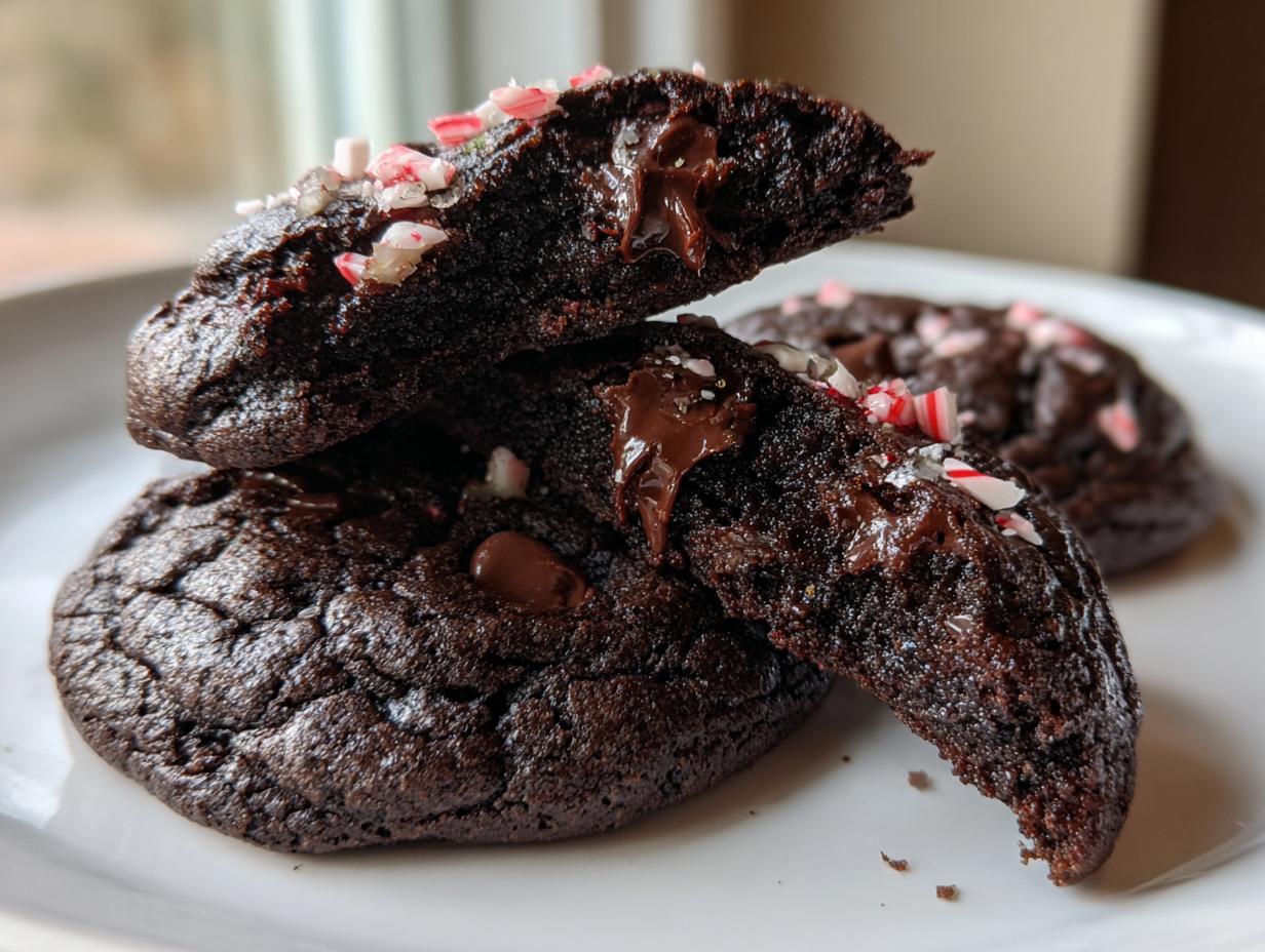 Close-up of fudgy chocolate peppermint cookies, one broken in half showing melted chocolate chips and crushed candy canes.