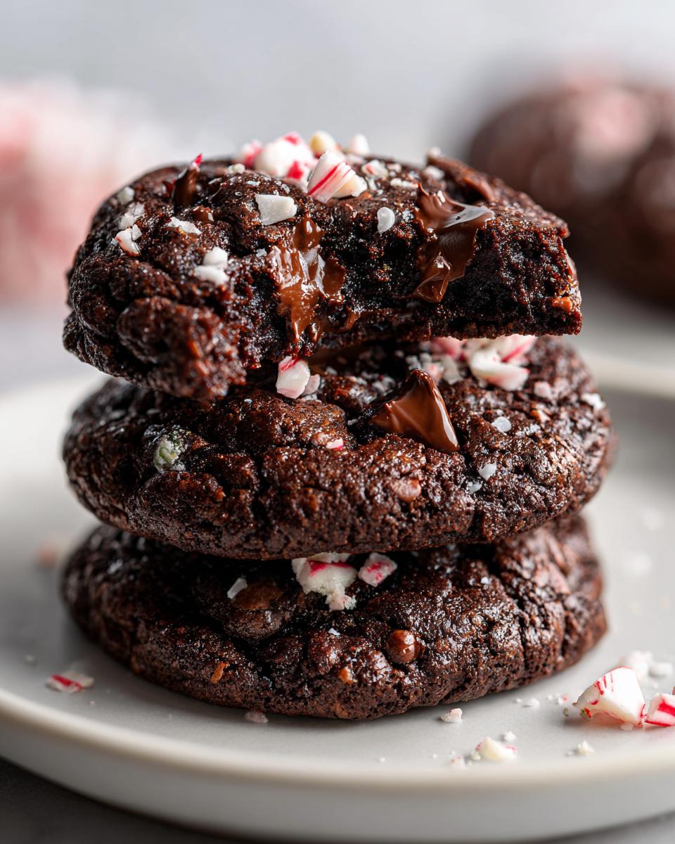 A stack of three fudgy chocolate peppermint cookies topped with crushed candy canes and melted chocolate.