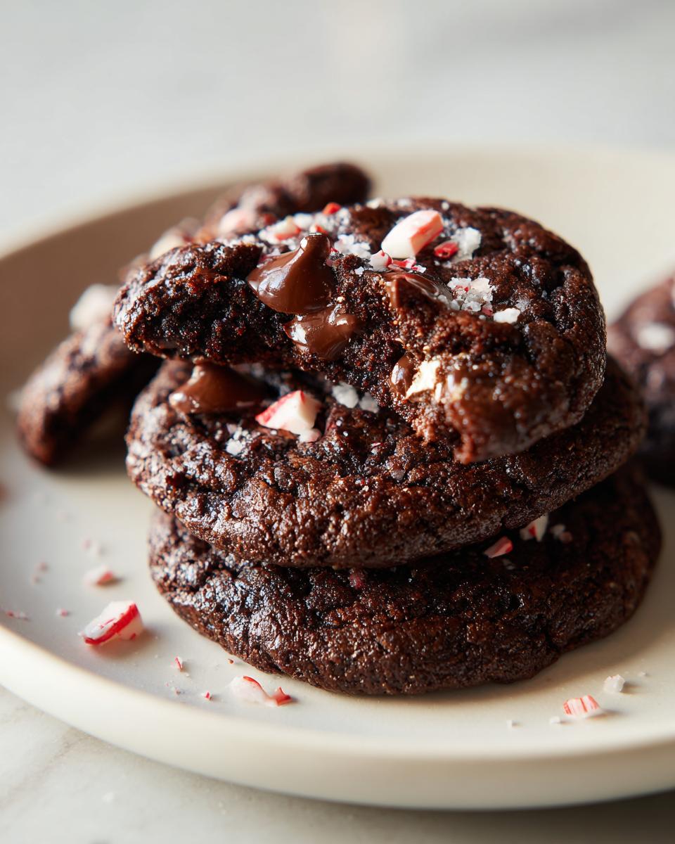A stack of three fudgy chocolate peppermint cookies, topped with melted chocolate chips and crushed candy canes.