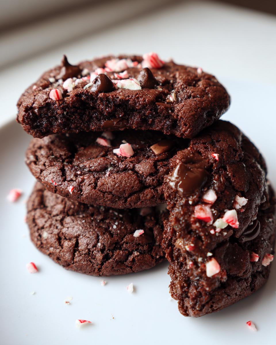 A stack of three fudgy chocolate peppermint cookies topped with chocolate chips and crushed candy canes.