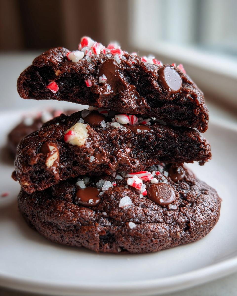 Close-up of three stacked, fudgy chocolate peppermint cookies topped with melted chips and crushed candy canes.