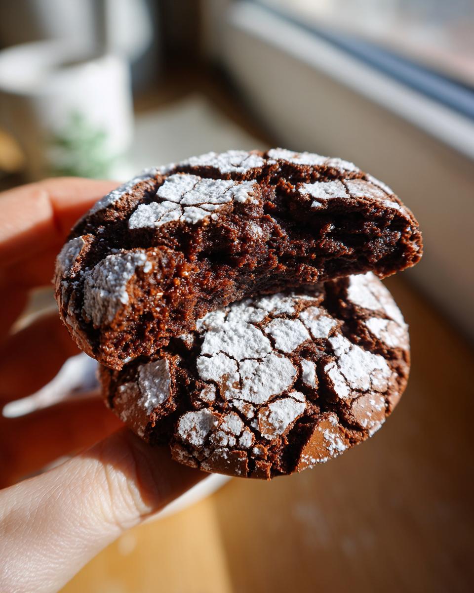 Close-up of fudgy crinkle cookies, one broken in half to show the moist interior, dusted heavily with powdered sugar.