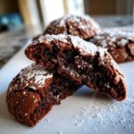 Close-up of fudgy crinkle cookies, one broken in half to show the moist, dark interior and powdered sugar dusting.