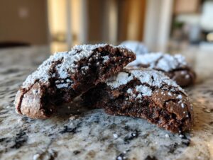 Close-up of fudgy crinkle cookies cut in half, revealing a moist interior dusted heavily with powdered sugar.