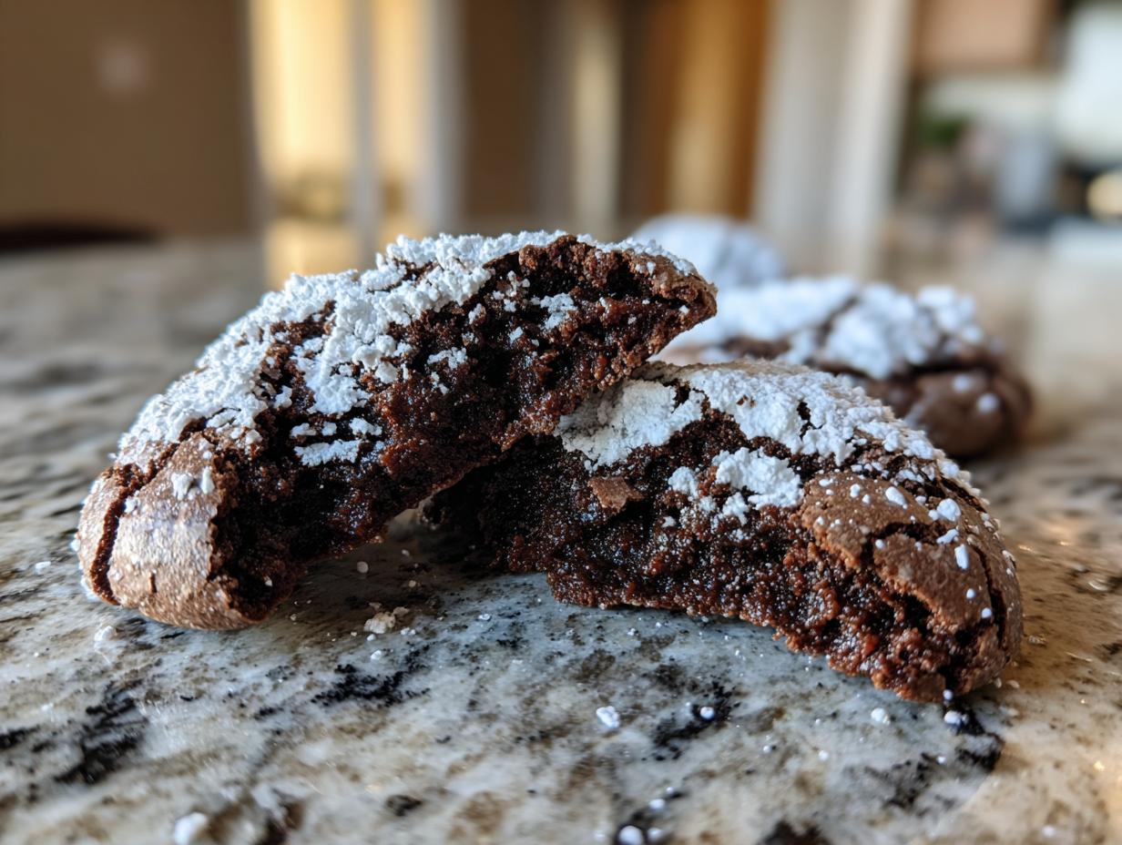 Close-up of fudgy crinkle cookies cut in half, revealing a moist interior dusted heavily with powdered sugar.