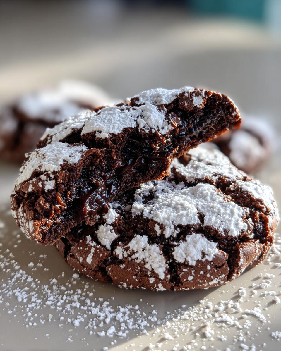 Close-up of a fudgy chocolate crinkle cookie broken in half, revealing a rich, gooey center, dusted with powdered sugar.