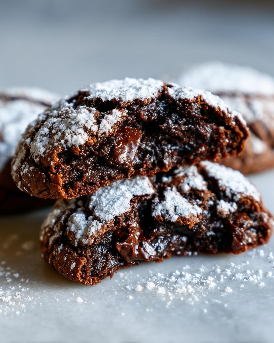 Close-up of fudgy crinkle cookies dusted with powdered sugar, cut open to show a gooey, melted chocolate center.